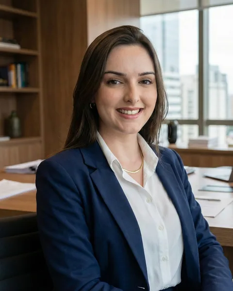 Retrato de Gabrielle Gomes, de blazer azul, sentada à mesa de trabalho