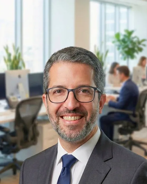 Retrato de Marcelo Gaino, de óculos e gravata azul